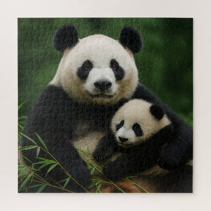Panda Mother & Cub in Gentle Rain Jigsaw Puzzle