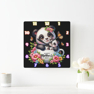 Panda Mum: Cub, Flowers, Mother's Day Square Wall Clock