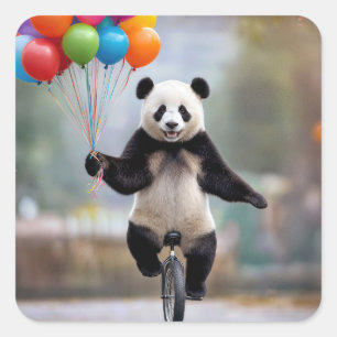Panda on a Unicycle with Balloon Bouquet Square Sticker