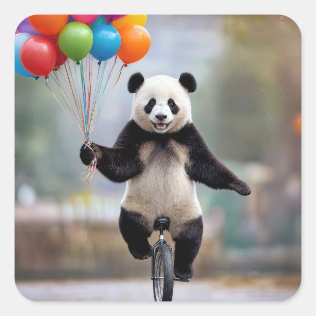 Panda on a Unicycle with Balloon Bouquet Square Sticker (Front)