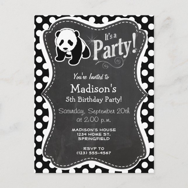 Panda on Black and White Polka Dots Invitation Postcard (Front)