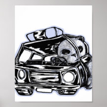 Panda patrol police car black and white drawing