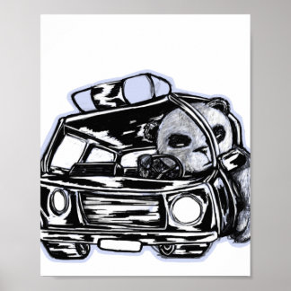 Panda patrol police car black and white drawing poster