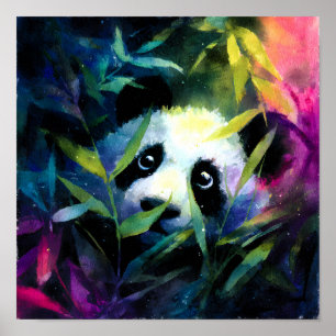 Panda Peeking Bamboo Watercolor Poster