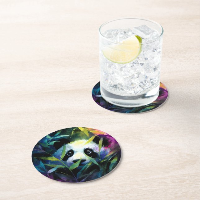 Panda Peeking Bamboo Watercolor Round Paper Coaster (Insitu)
