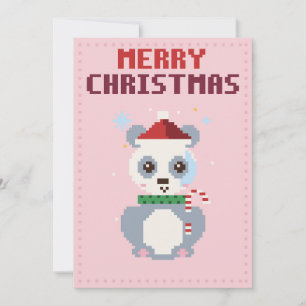 Panda Pink Pixel Art Christmas Card