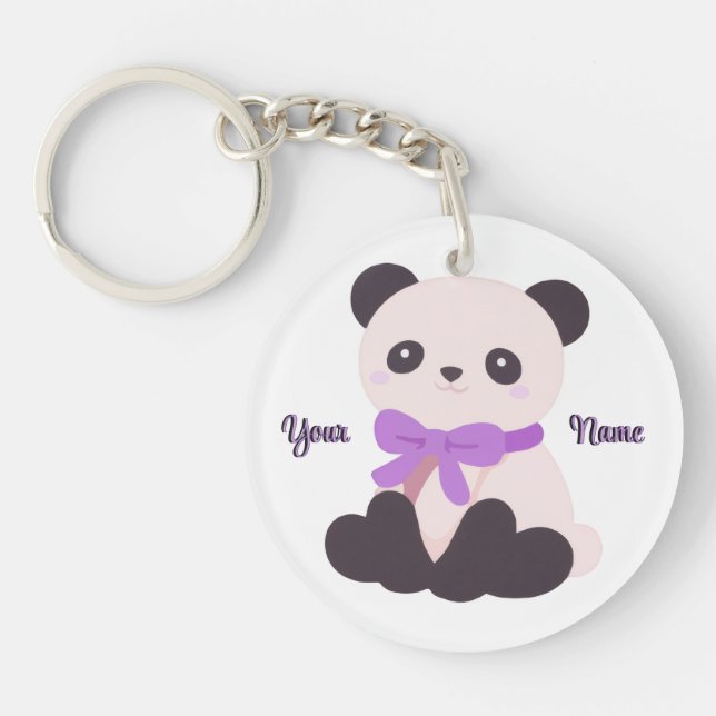 Panda Purple Bow Cute Kawaii Custom Name  Key Ring (Front)