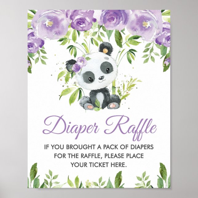 Panda Purple Floral Greenery Bamboo Diaper Raffle  Poster (Front)