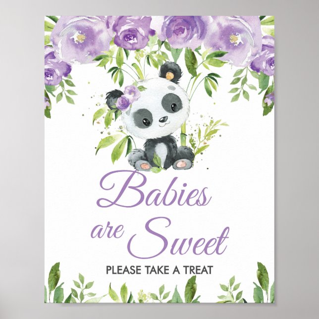 Panda Purple Floral Greenery Bamboo Treat Favours Poster (Front)