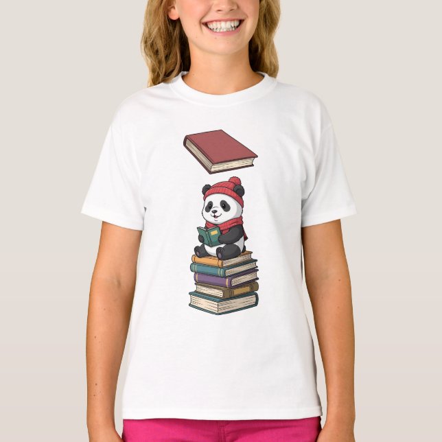 Panda Reading on Book Stack Kids T-Shirt (Front)