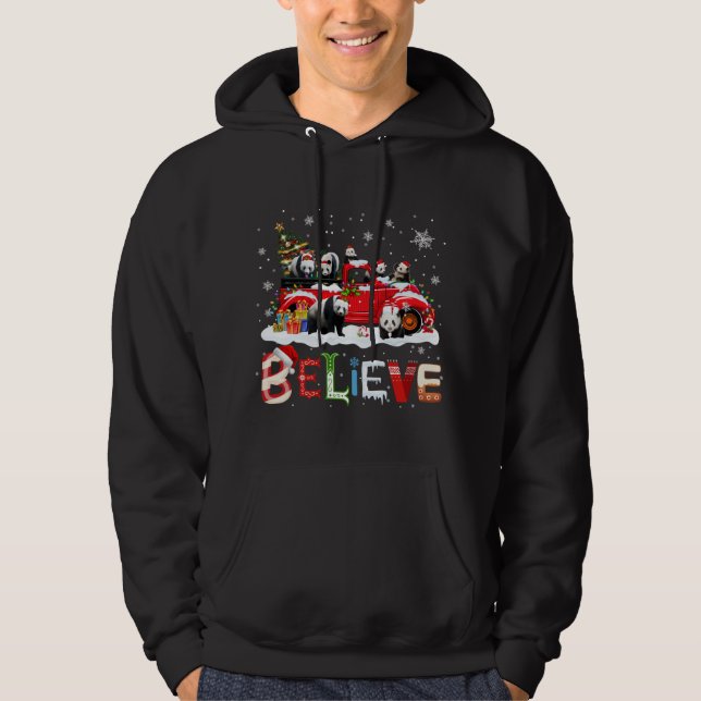 Panda Riding Red Truck Christmas Tree Believe Sant Hoodie (Front)