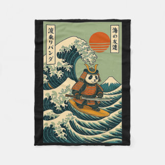 Panda Samurai Surfing Japanese Wave Fleece Blanket