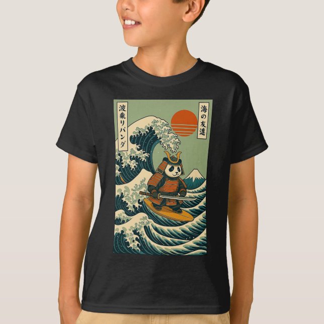Panda Samurai Surfing Japanese Wave  T-Shirt (Front)