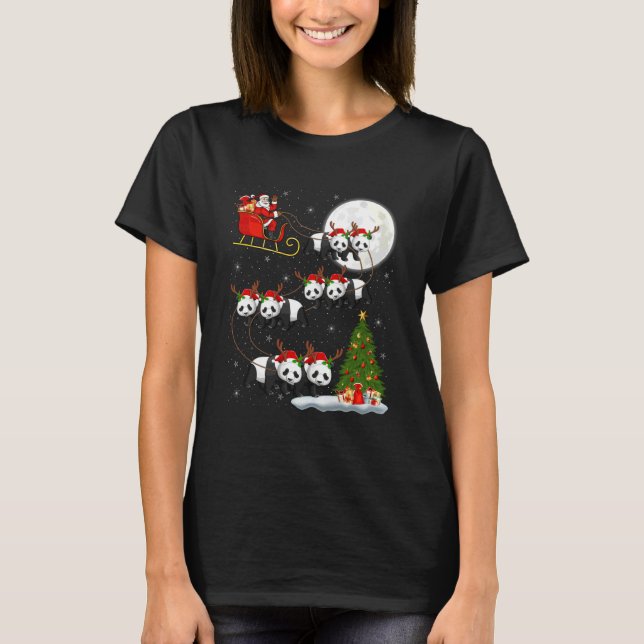 Panda Santa Sleigh Flying Funny Magical Christmas T-Shirt (Front)