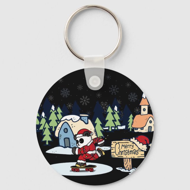 Panda Skateboarder Christmas Design Key Ring (Front)