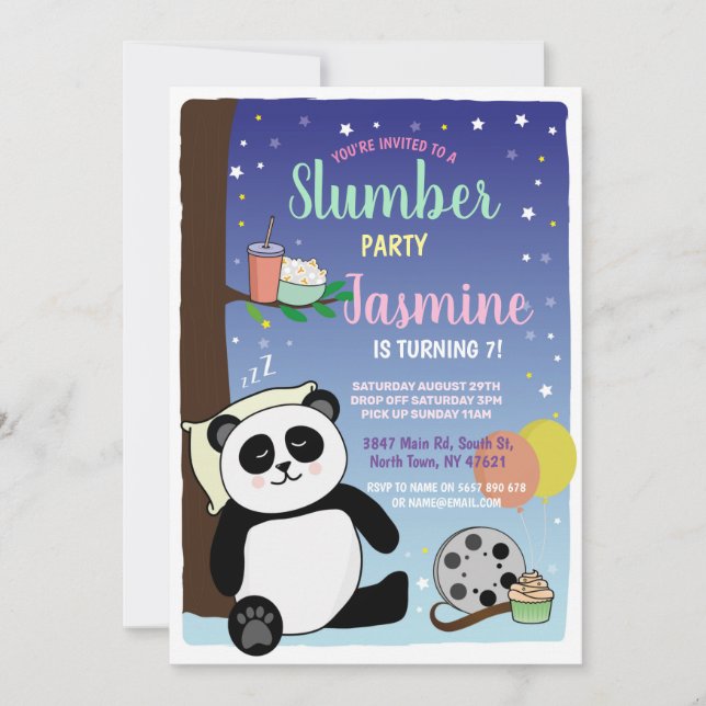 Panda Slumber Party Birthday Teal Movies Popcorn Invitation (Front)
