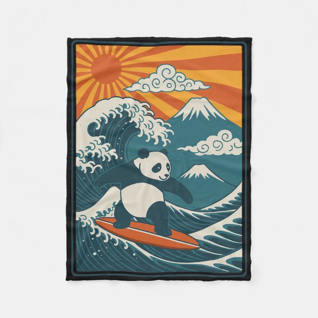Panda Surfing Japanese _4  Fleece Blanket (Front)