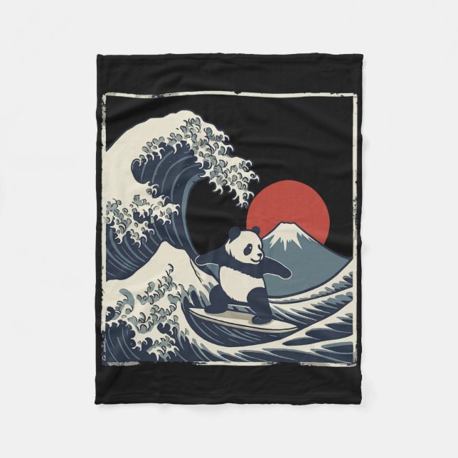 Panda Surfing Japanese Wave Great Wave _1  Fleece Blanket (Front)