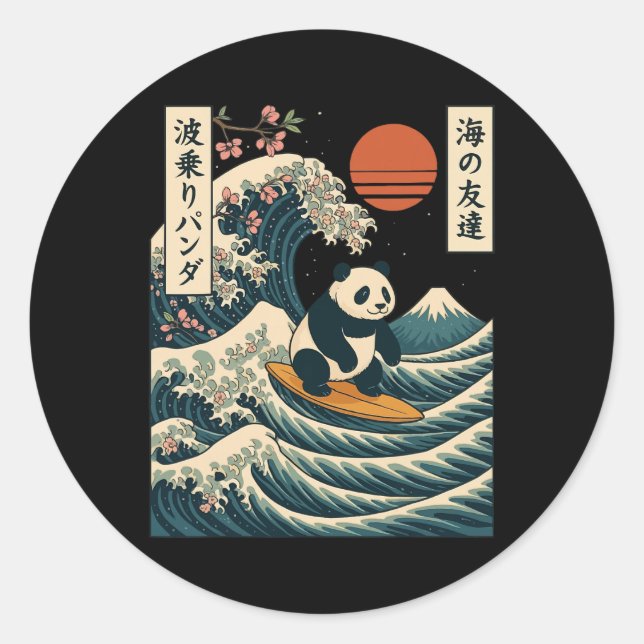 Panda Surfing Japanese Wave Great Wave _3  Classic Round Sticker (Front)