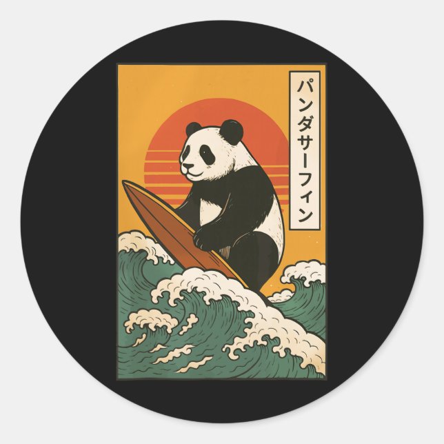 Panda Surfing Japanese Wave Great Wave _7  Classic Round Sticker (Front)