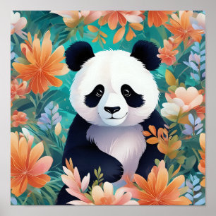 Panda Surrounded by Flowers Poster
