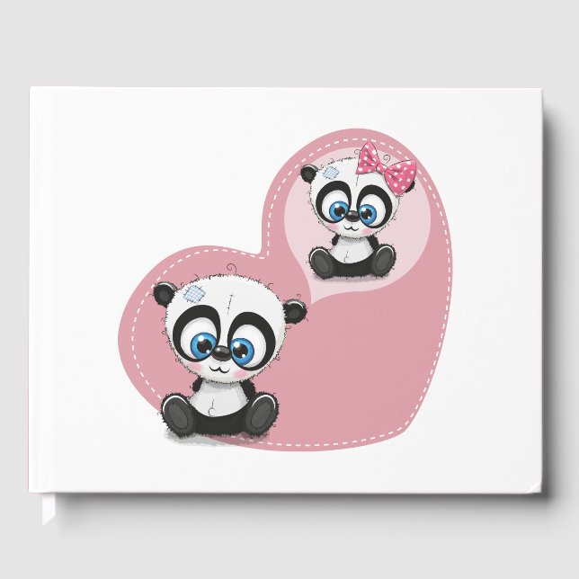Panda Teddy Bear Pink Heart Wedding Party Guest Book (Front)