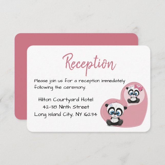 Panda Teddy Bear Pink Heart Wedding Reception Invitation (Front/Back)