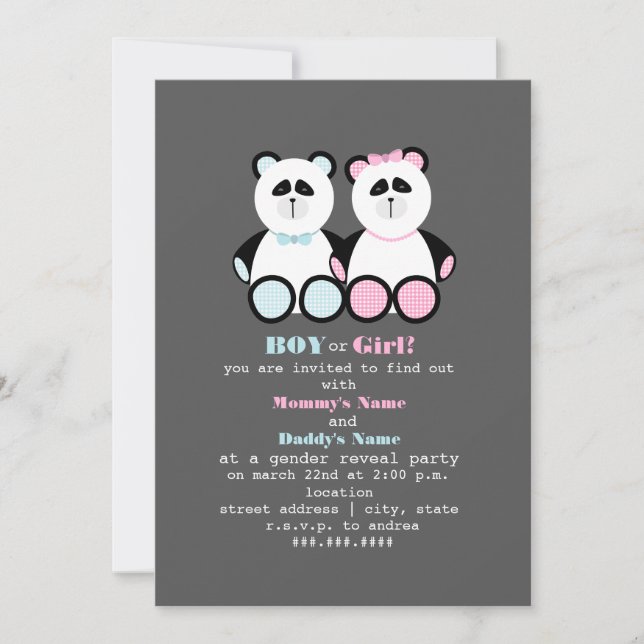 Panda Teddy Bears Gender Reveal Party Invitation (Front)