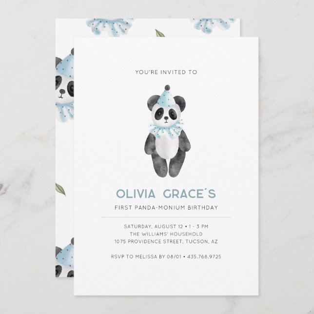 Panda Theme First Birthday Invitation (Front/Back)