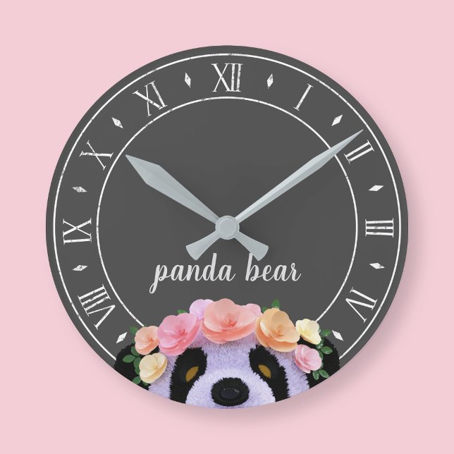 Panda Theme Rustic Black and White Round Clock (A cute panda bear clock with space for your name)