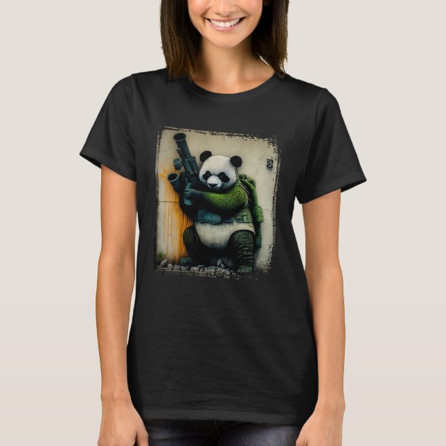 Panda Warrior Holding Rocket Launcher Distressed W T-Shirt (Front)