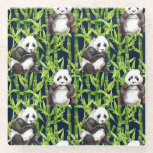 Panda With Bamboo Watercolor Pattern Glass Coaster