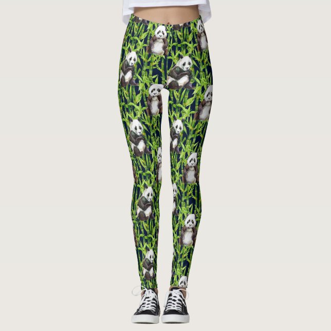 Panda With Bamboo Watercolor Pattern Leggings (Front)