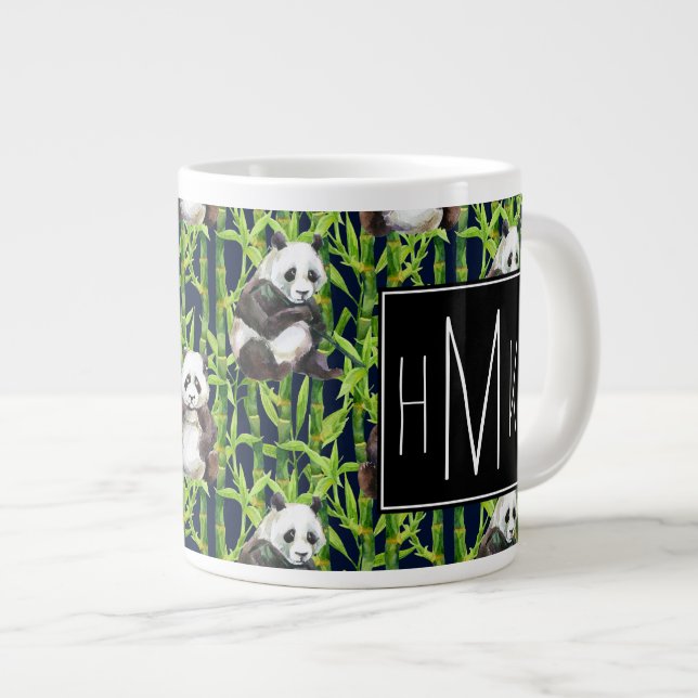 Panda With Bamboo Watercolor Pattern | Monogram Large Coffee Mug (Front Right)