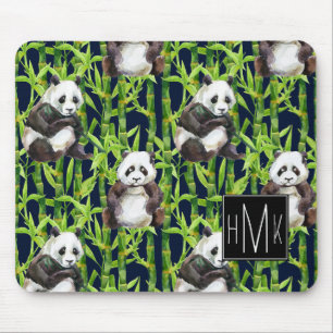 Panda With Bamboo Watercolor Pattern Monogram Mouse Pad