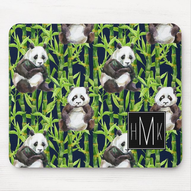 Panda With Bamboo Watercolor Pattern | Monogram Mouse Pad (Front)