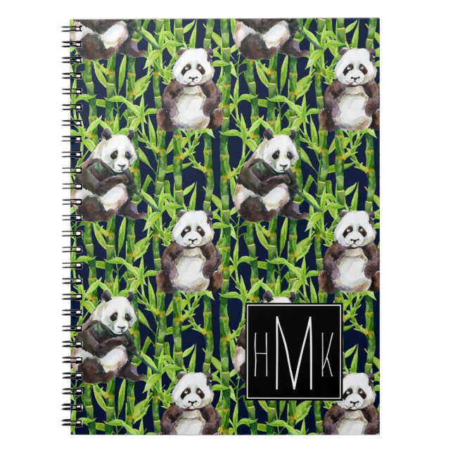 Panda With Bamboo Watercolor Pattern | Monogram Spiral Notebook (Front)