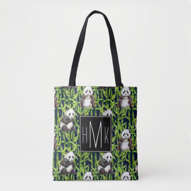 Panda With Bamboo Watercolor Pattern | Monogram Tote Bag (Front)