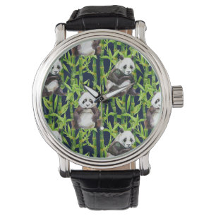 Panda With Bamboo Watercolor Pattern Watch