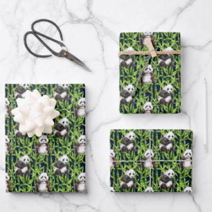 Panda With Bamboo Watercolor Pattern Wrapping Paper Sheet