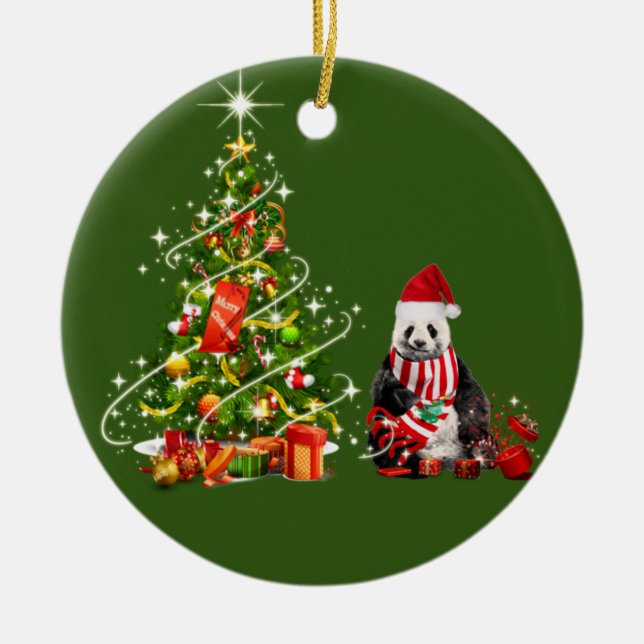 Panda With Hat Scafts  Christmas Ceramic Tree Decoration (Front)
