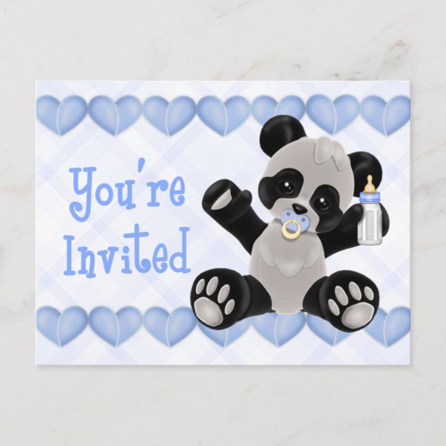Panda with Pacifier Blue Baby Shower Invitation Postcard (Front)