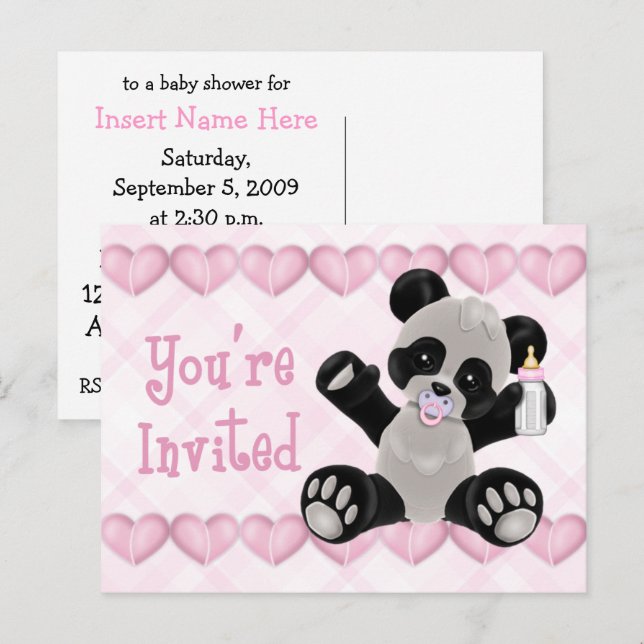 Panda with Pacifier Pink Baby Shower Invitation Postcard (Front/Back)