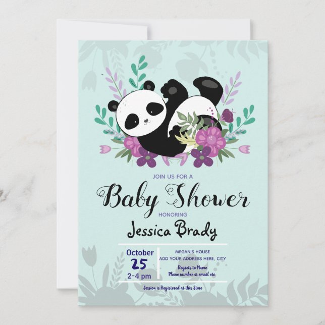 Panda with Purple Flowers Baby Shower Invitation (Front)