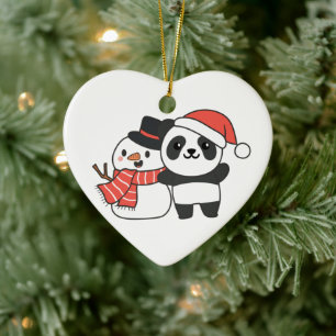 Panda With Snowman In Winter For Christmas Ceramic Tree Decoration