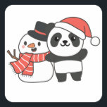 Panda With Snowman In Winter For Christmas Square  Square Sticker<br><div class="desc">Panda with snowman in winter for Christmas - a snowman for winter and Christmas. A winter greeting in the cold season for the holidays. Christmas panda with snowman.</div>