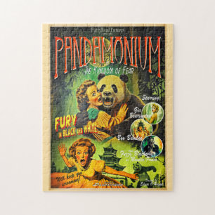 Pandamonium Funny Panda retro horror movie poster Jigsaw Puzzle