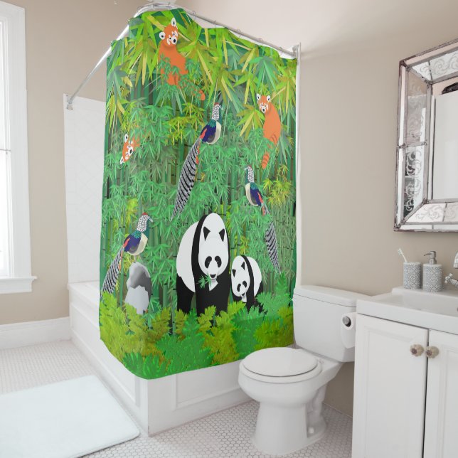 Pandas Lady Amherst's Pheasants Red Pandas Bamboo Shower Curtain (In Situ)