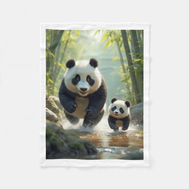 Pandas Running by River Cosy Fleece Blanket (Front)