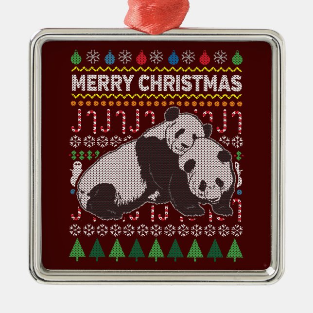 Pandas Ugly Christmas Sweater Wildlife Series Metal Tree Decoration (Front)